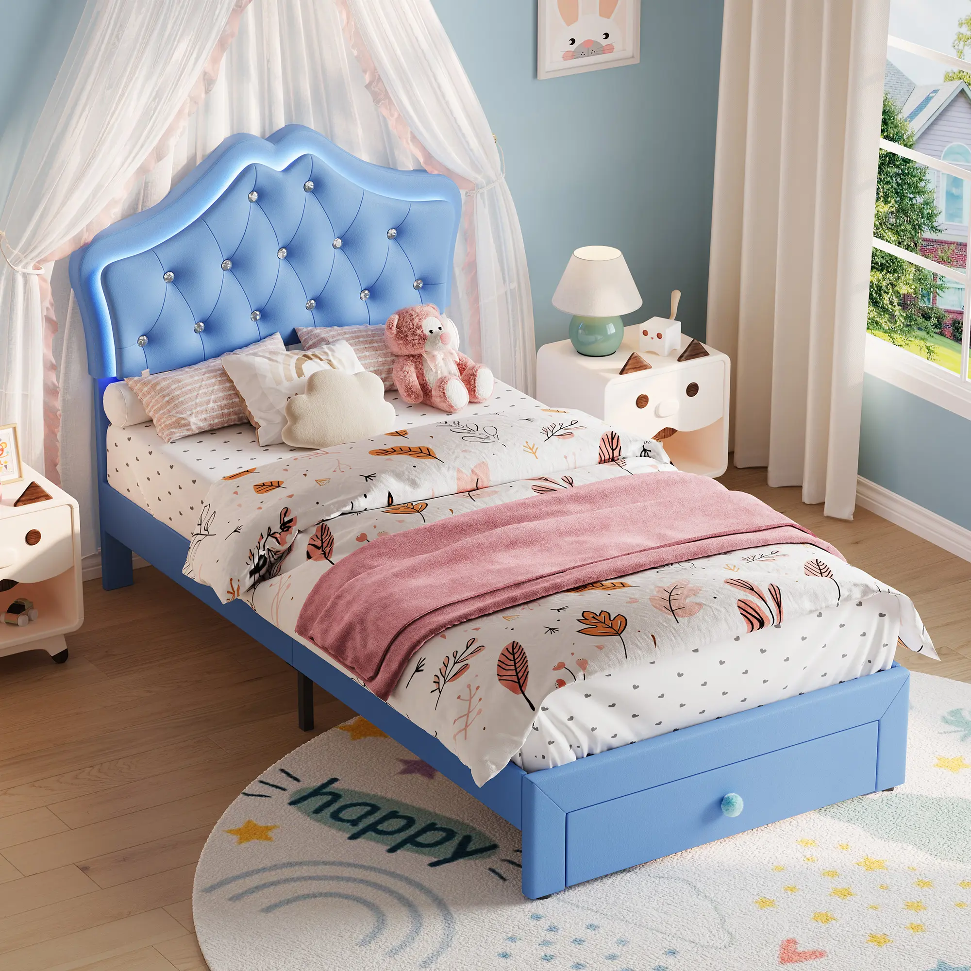 Twin Size Bed Frame with LED Lights & Velvet Crystal Button Headboard, Upholstered Platform Bed with Storage Drawer for Kids and Teens, Noise Free, No Box Spring Needed Modern Bedroom Furniture