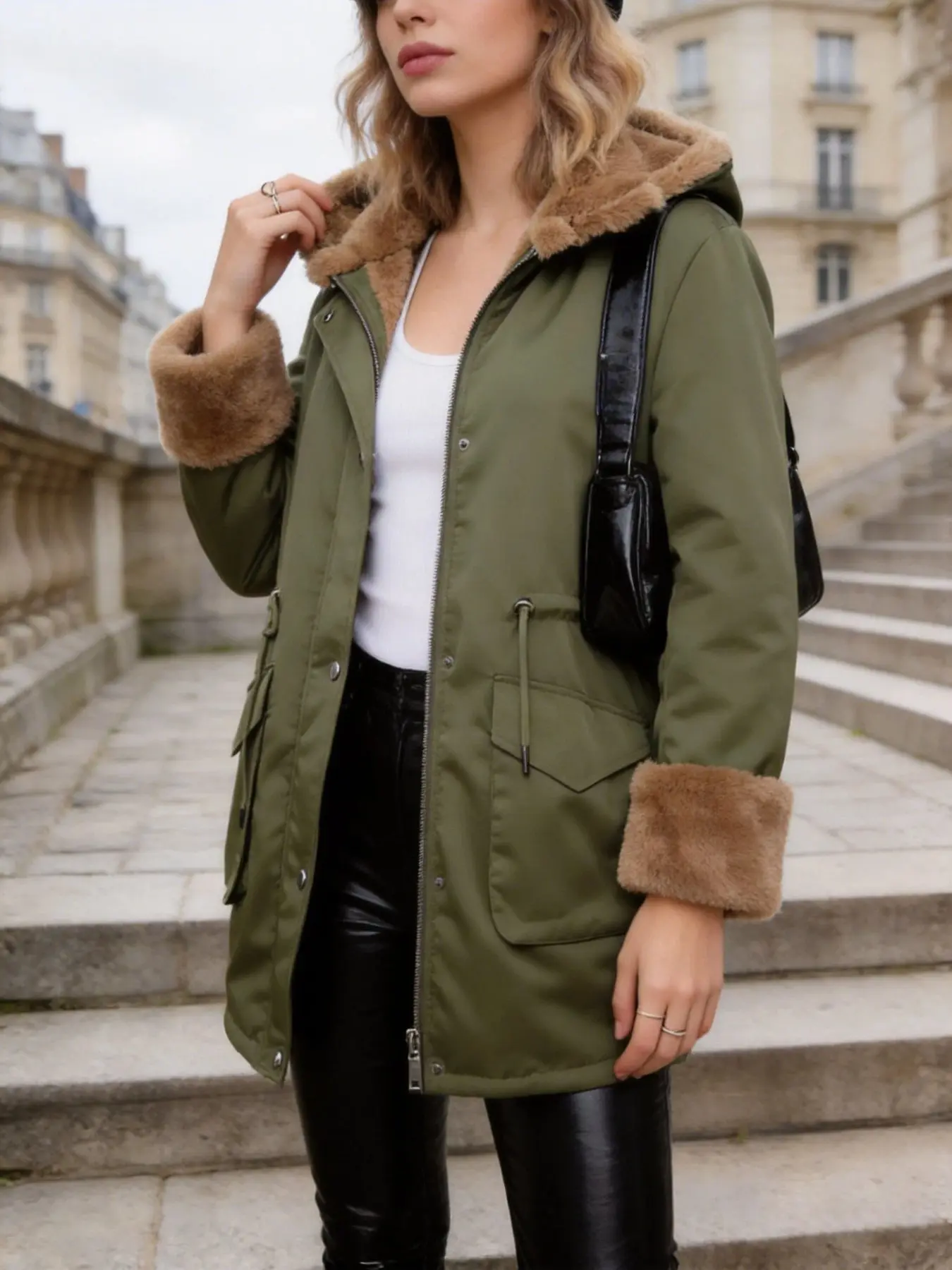 2026 Fall Winter New Fashion Casual Streetwear Hooded Adjustable Drawstring Long Coat, Warm Fleece Lined Cotton Jacket for Women