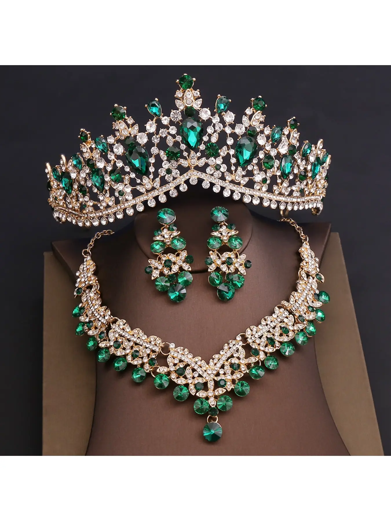 European and American Bridal Tiara Earrings Necklace Three-Piece Set Wedding Dress Accessories Women's Luxury Rhinestone Crown Jewelry Set