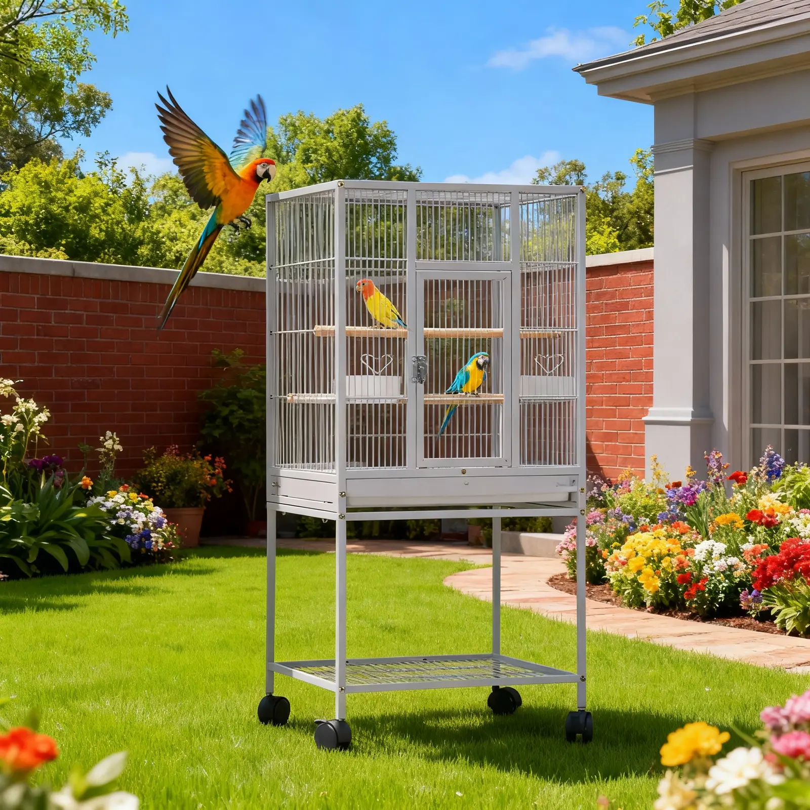 41" Large Bird Cage with Rolling Stand, Slide-Out Tray & Steel Frame - Easy Cleaning Pet Cage for Macaw, Cockatiel, Sun Parakeet, Lovebird, Green Cheek Conure, African Grey, Small Quaker, Large Cage