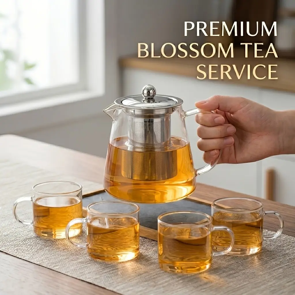 2026 Stylish Look Glass Teapot with A Stainless Steel Filter And 4 Cups Suitable for Flower Tea And Loose Tea Microwave And Stove Tea Set Gift Box