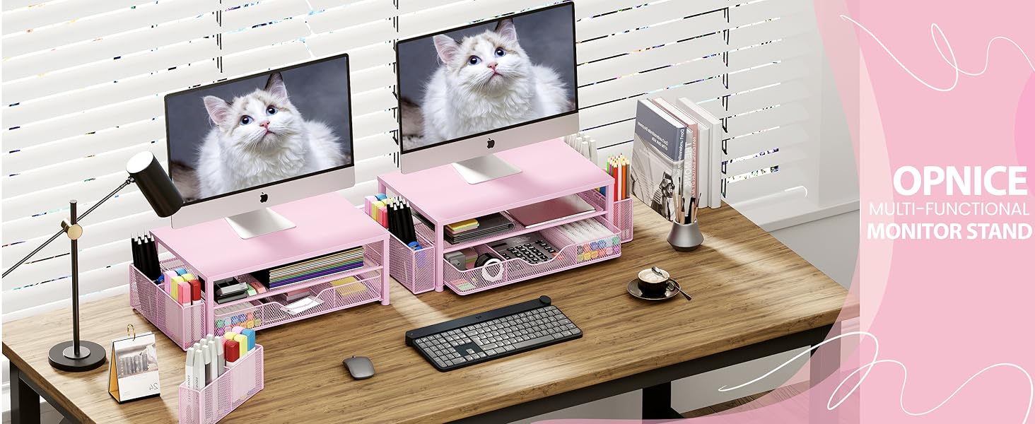 Desk Organizers and Accessories, 2-Tier Computer Monitor Stand Riser with Drawer and 2 Pen Holders, Laptop Stand, Office Desk Accessories & Office Decor for Women, Pink