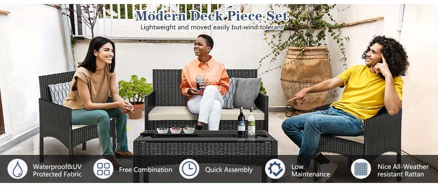 4-Piece Outdoor Wicker Rattan Patio Furniture Set – Black Conversation Set with Waterproof Cushions and Side Table, Ideal for Lawn, Backyard, Garden, Balcony, Porch & Poolside, Perfect for Outdoor Gatherings and Relaxation