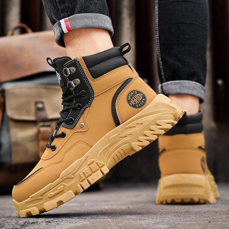 Spirit Men's Bota Worker Ch02 Black High-top Boots Non-slip Wear-resistant Thick-soled Round Toe Laces Closure All-match Fashion Casual Walking