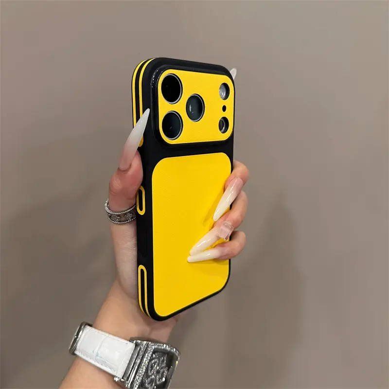 Screen-Enlarging Smartphone Casing & Side Sticker Bundle for iPhone 14, 15 (Contrasting Color), 16 (Simple Plain Leather), 17 Max - Compatible with Handheld Cellphone Devices, Protection