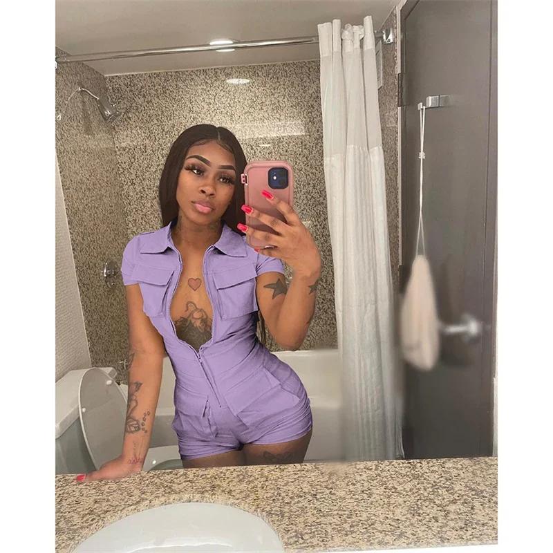 Streetwear Zipper Pockets Shorts Jumpsuit Women Clothing Short Sleeve Skinny Cargo Playsuit Summer Casual Pieces Romper
