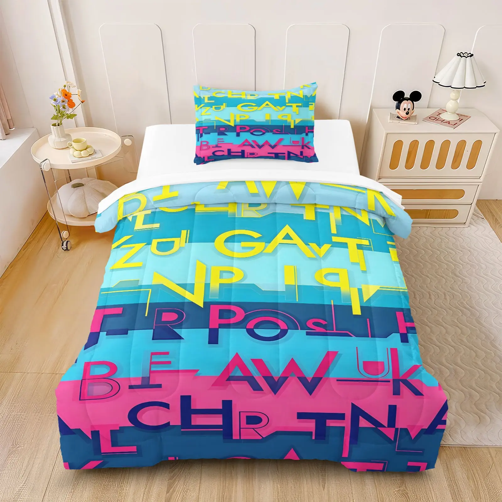 2/3Pcs Neon Contrast 3D Alphabet Comforter Set, Fluffy Breathable Viral Bedroom Bedding (With Filling, Pillow Insert Not Included)