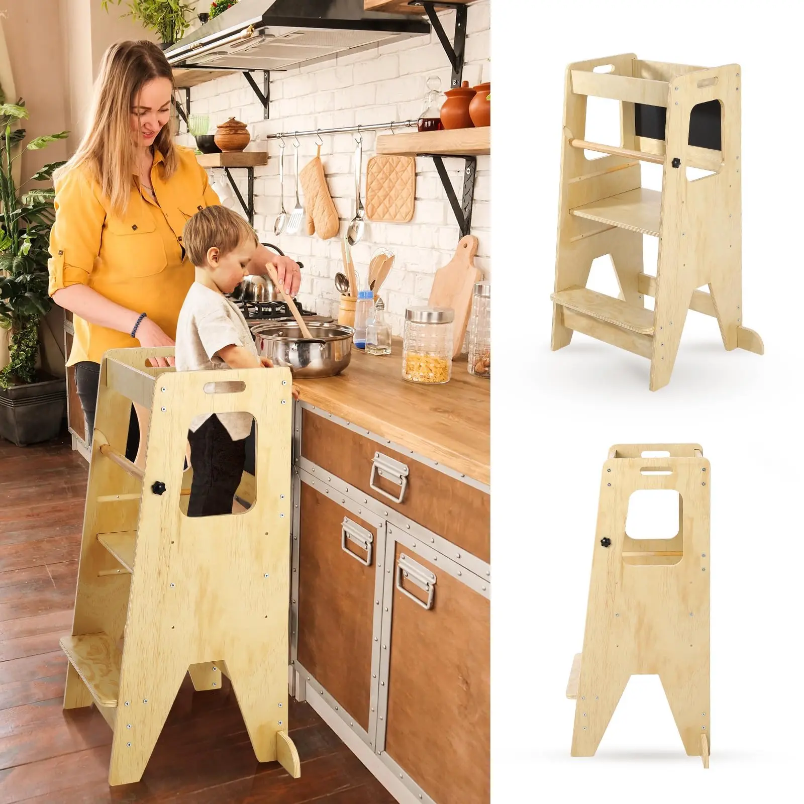 Christmas DealGARVEE 3-In-1 Adjustable Toddler Standing Tower and Kitchen Step Stool with 150LBS Load Capacity, Featuring Anti-Drop Safety Railing for Secure Use and Versatile Helper Design
