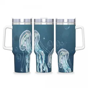 Ocean Aesthetic Must Have! Dark Teal Deep Sea Background Transparent Glowing Jellyfish With Underwater Bubbles Full Wrap 40oz Handle Tumbler With Straw