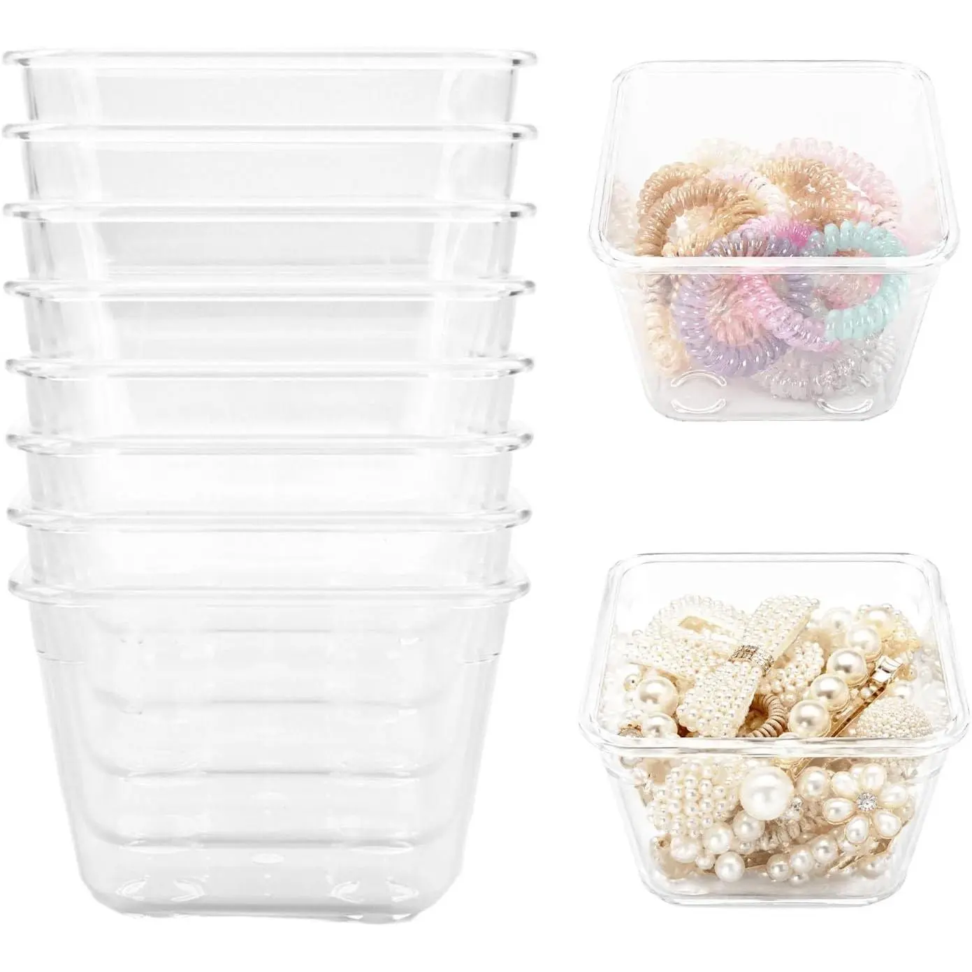 8 count Clear Plastic Drawer Organizers, 3" x 3" x 2" Square Trays | Stackable No Lid Small Makeup  Storage Bins, Desk Drawer Dividers for Kitchen, Bathroom, Office, , Junk, Gadget