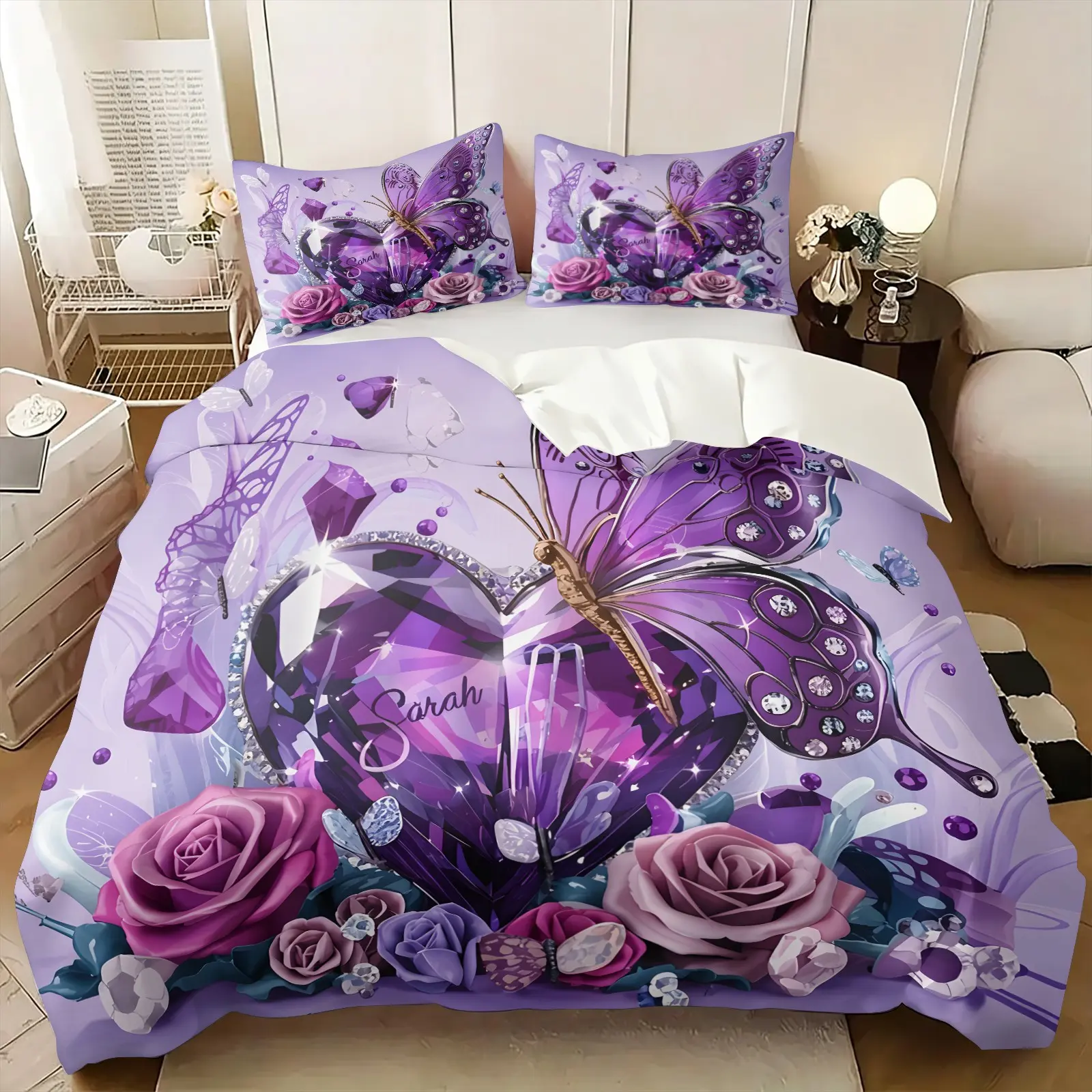 Purple Crystal Butterfly Printed Duvet Cover Set, Luxurious Rose & Crystal Pattern On Purple Base, 1 Duvet Cover With 1-2 Pillowcases, Cozy All-Season Bedding, Decor For Romantic Bedroom And Girls Dorm