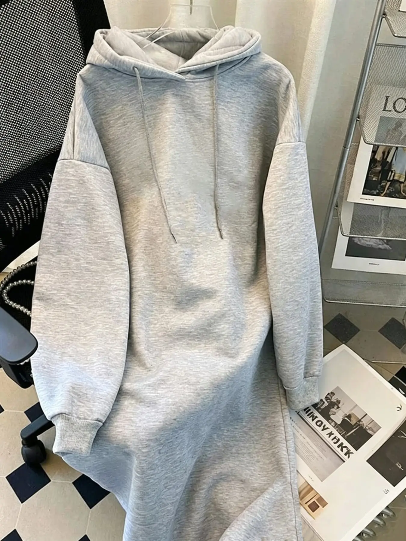 Minimalist Long Hooded Sweatshirt Dress, Loose Soft Hooded Long Dress, Casual Home Wear for Plus Size Women
