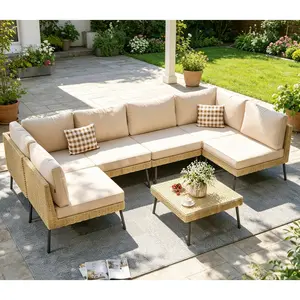 Aoxun 7-Piece Wicker Outdoor Sectional Sofa Set - Patio Outdoor Furniture with Water-Resistant Thick Cushions and Coffee Table for Backyard, Poolside, Beige, Outdoor Furniture Set, Patio Furniture Set