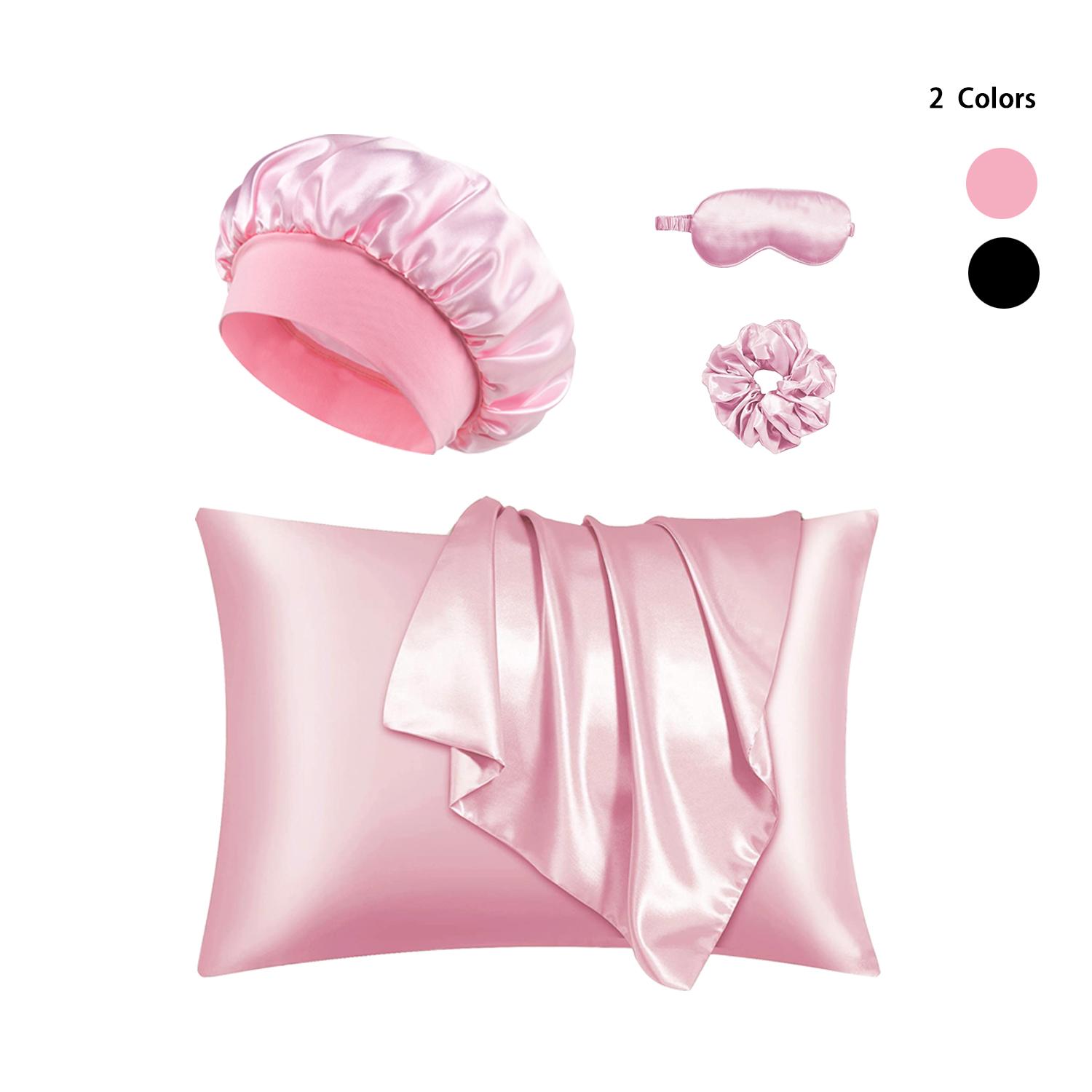 Solid Color Sleeping Eye Mask Set, 1pc Sleeping Eye Mask & 1pc Hair Tie & 1pc Shower Cap & 2pcs Soft Pillowcase, Bedding Accessories Kit for Home, Hair Bonnet, Hair Scrunchies, Night Mask, Pink Skincare Products, Sleep Aid Products, Eye Cover