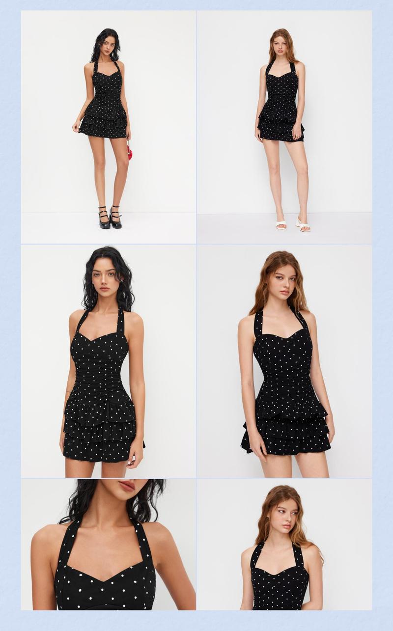 Cider Cotton-blend Halter Neckline Polka Dot Ruched Layered Mini Dress