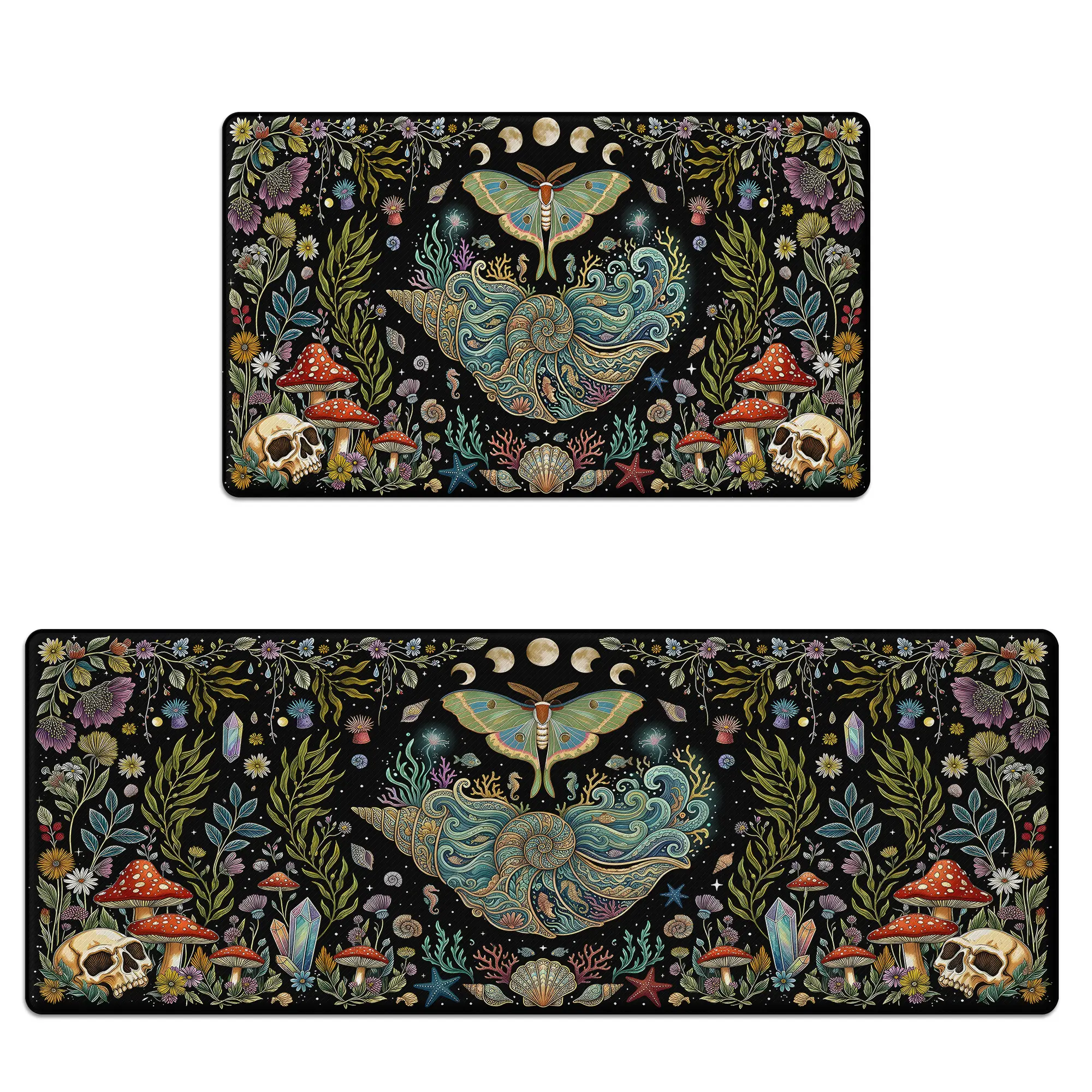 Kitchen Mat Set Anti-Fatigue Cushioned Memory Foam, Non-Slip, Scratch-Resistant & Waterproof Vintage Moth Mushroom Skull Design Kitchen Rug