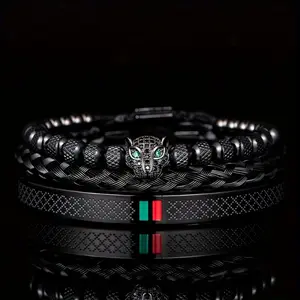 European and American classic light luxury leopard head hand-woven men's bracelet red and green resin bracelet set