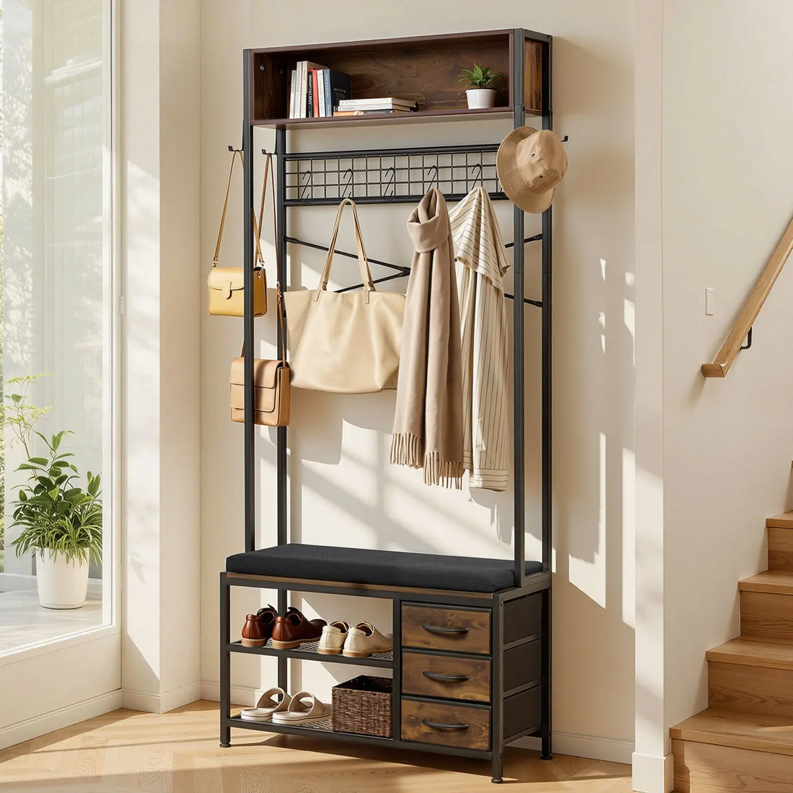 VEVOR Hall Tree, 70.9 in Coat Rack with Shoe Bench 3 Drawers, 3-in-1 Freestanding Shoe Rack Storage Organizer with Bookshelf Wire Shelf, Steel Frame Entrance Coat Holder for Entry, Bedroom, Closet