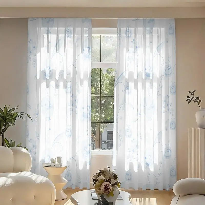 2-Piece Blue Semi-Transparent Curtains, Floral Bird Print, Rod Pocket Design, Lightweight Polyester, Elegant for Living Room and Bedroom