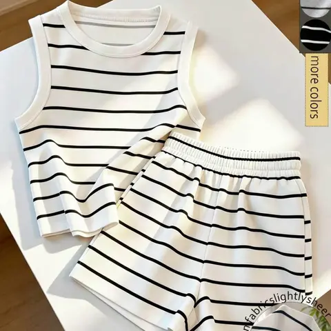 Striped Sleeveless Tank Top and Shorts Set Outfit, Lightweight Casual Wear, Summer Outfit Set, Suitable for Home, Short Trip, Vacation and Daily Wear