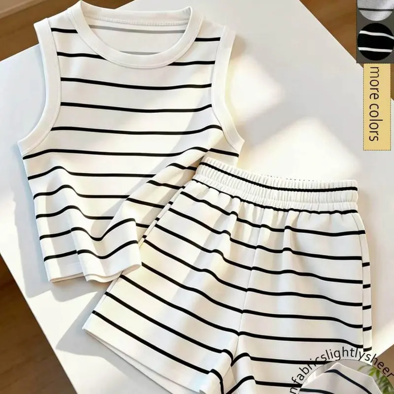 Striped Sleeveless Tank Top and Shorts Set Outfit, Lightweight Casual Wear, Summer Outfit Set, Suitable for Home, Short Trip, Vacation and Daily Wear