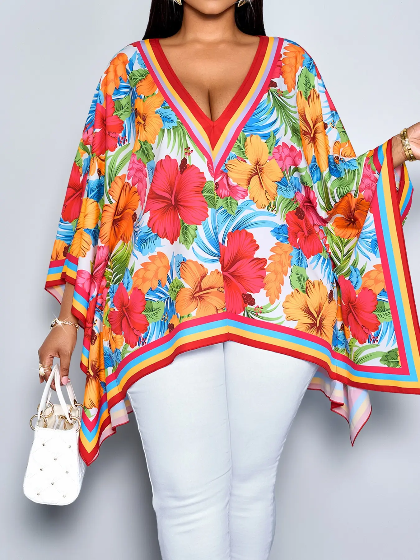 New Summer Casual Elegant Women's Floral Printed Plus Size Blouse, Womenswear, Deep V Neck Asymmetrical Hem, Bat Sleeve, Loose Fit, Perfect for Daily Wear
