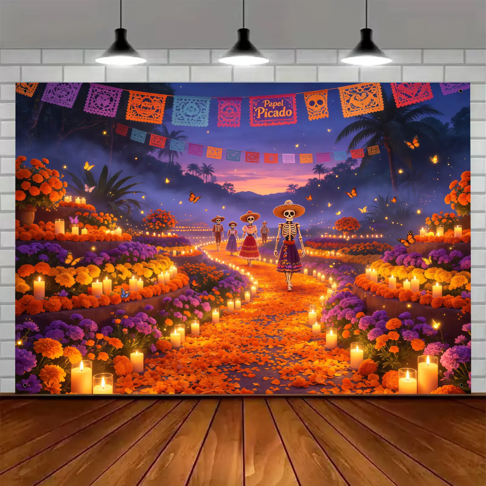 2D floor plan, single piece Mexican Day of the Dead banner - Day of the Dead scene layout, suitable for photography studios, parties, indoor and outdoor decoration, and cultural themed decoration - tc