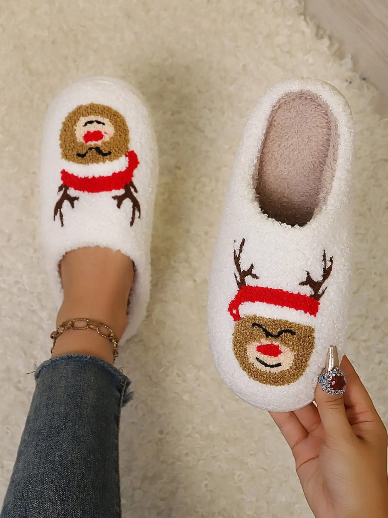 Women's Christmas Reindeer Plush Slippers, Cozy Fuzzy Toe Cover Indoor Shoes, Festive Home Cotton Slip-Ons, Comfortable Holiday Footwear