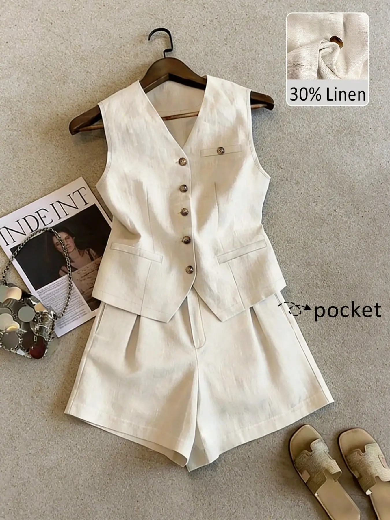 Women's Lightweight V-Neck Sleeveless Blazer Vest & Wide Leg Shorts Set, Breathable Cool Summer, Fashionable Vacation Wear