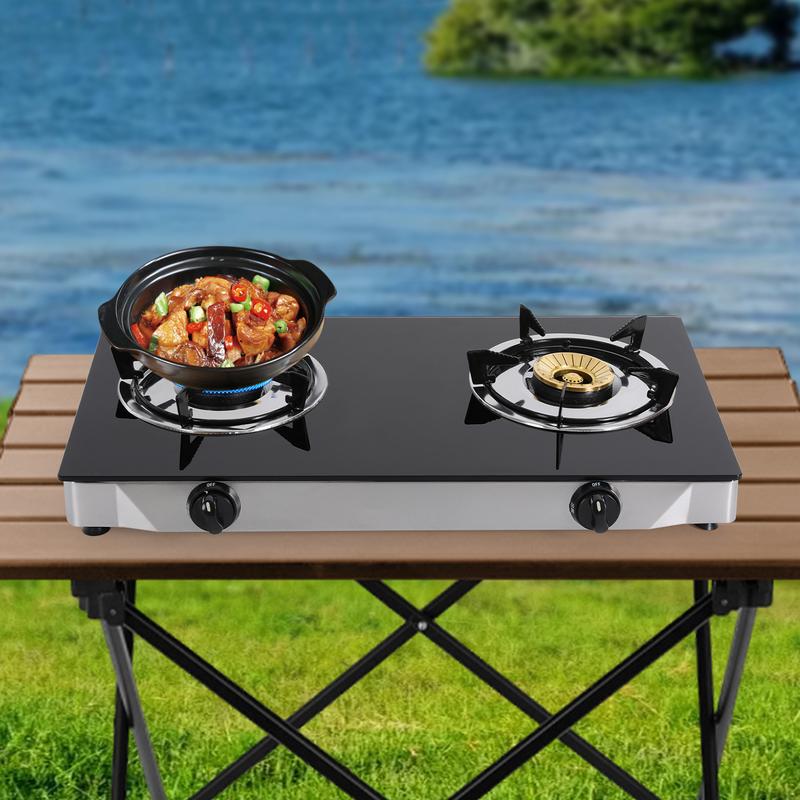 2-Burner LPG Gas Stove 3.5KW 11995BTU/hr Tempered Glass Countertop for Home Commercial Kitchen Aluminum Ceramic Stainless Steel Pans Safety Lock Easy to Clean 2-Burner LPG Gas Stove 3.5KW 11995BTU/hr Tempered Glass Countertop for Home Commercial Kitchen Aluminum Ceramic Stainless Steel Pans Safety Lock Easy to Clean