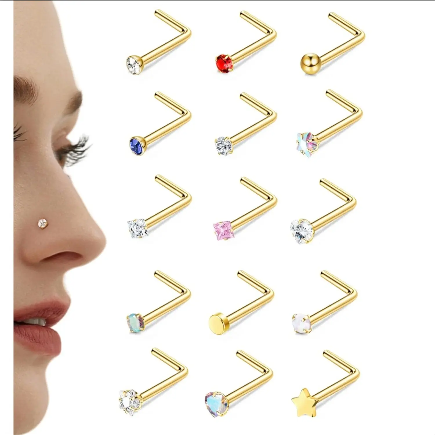 Unisex 15-Pcs Surgical Steel Nose Piercing Set - 18G/20G CZ Opal Heart/Star Nostril Studs, Hypoallergenic Gold/Silver Body Jewelry for Casual Daily Wear Gift