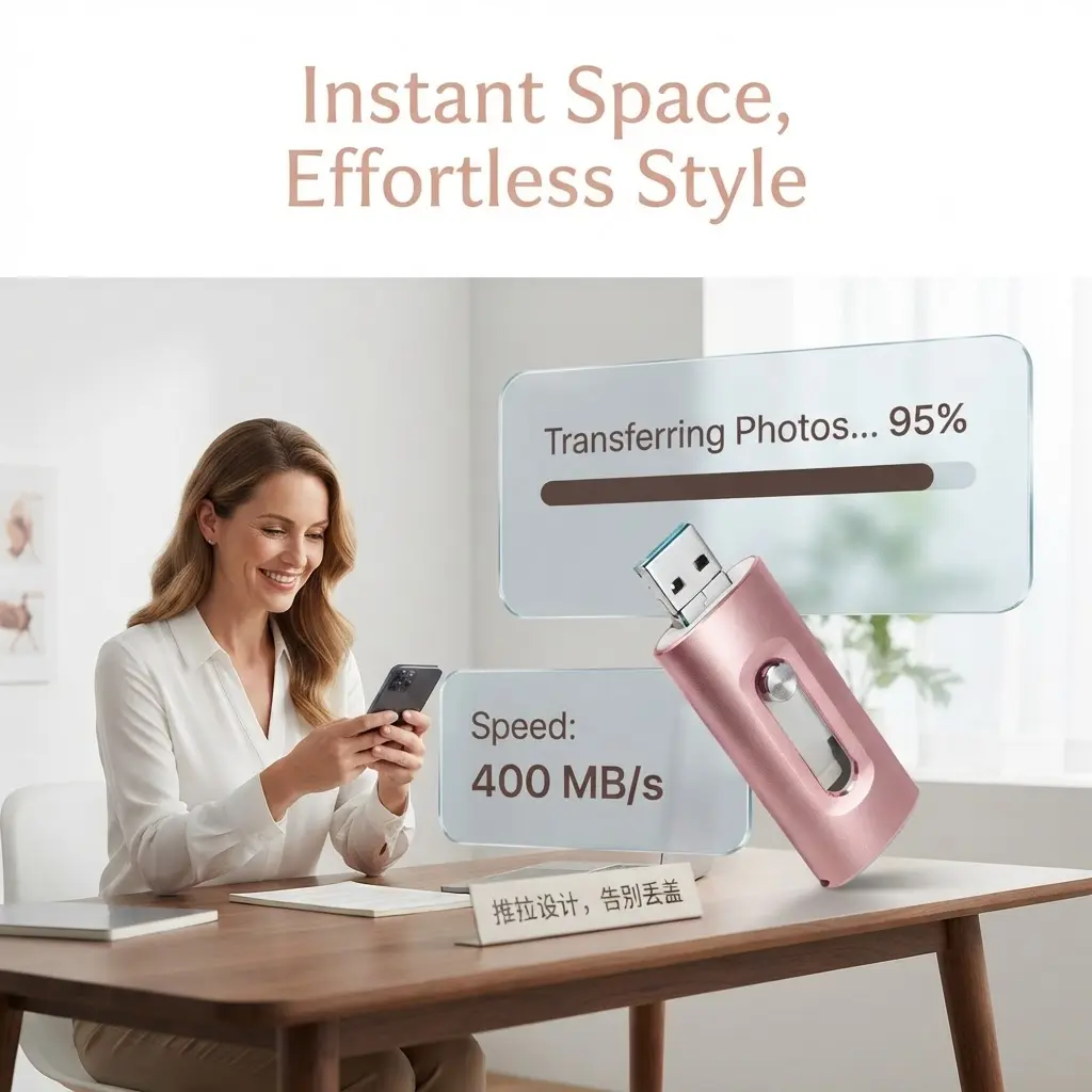 4‑in‑1 MFi Certified Flash Drive, 128GB/64GB Portable OTG Memory Stick for iPhone iOS(App Required), Android, PC with Type‑C Adapter, High‑Speed Data Transfer External Storage Thumb Drive