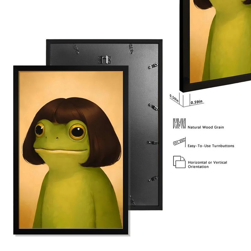 wooden frame Whimsical Frog Portrait Art With Bob Haircut (Frame)- Funny Animal Wall Art Poster Black Or Gold Framed Acrylic Wall Hanging Painting Canvas Painting Wall Painting Canvas Poster Decorative Painting Hallway Home Decoration