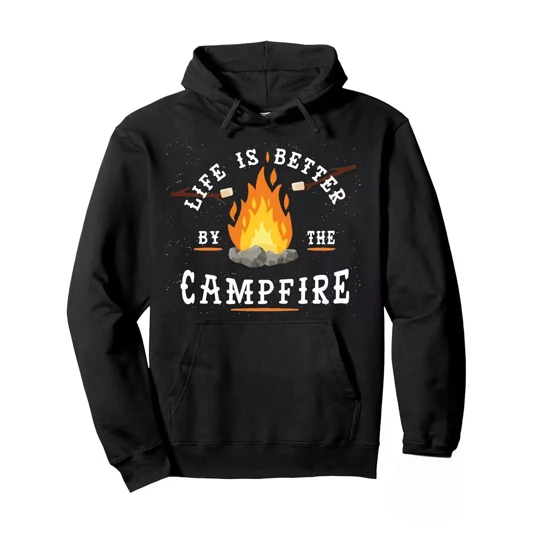 Campfire Marshmallow Graphic Oversized Comfort Cotton Fashion Hoodie Outfit, Life Is Better By The Campfire Cute Camping Sweatshirt With Pocket, Perfect Valentine’s Day Gift For Campers, Ideal Holiday Present For Outdoor Lover Friends Family Casual Travel