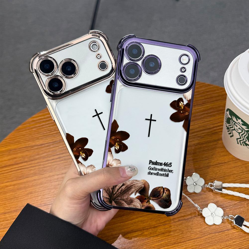 Premium Plating Edge Bible Verse Case With Hand Strap For iPhone Samsung Galaxy 17Pro Max Air 16 15Plus 14 13 12 11 XR XS S25 S24 S23 S22 Aesthetic Cross Floral Case For Religious Women Daily Decor.NN129