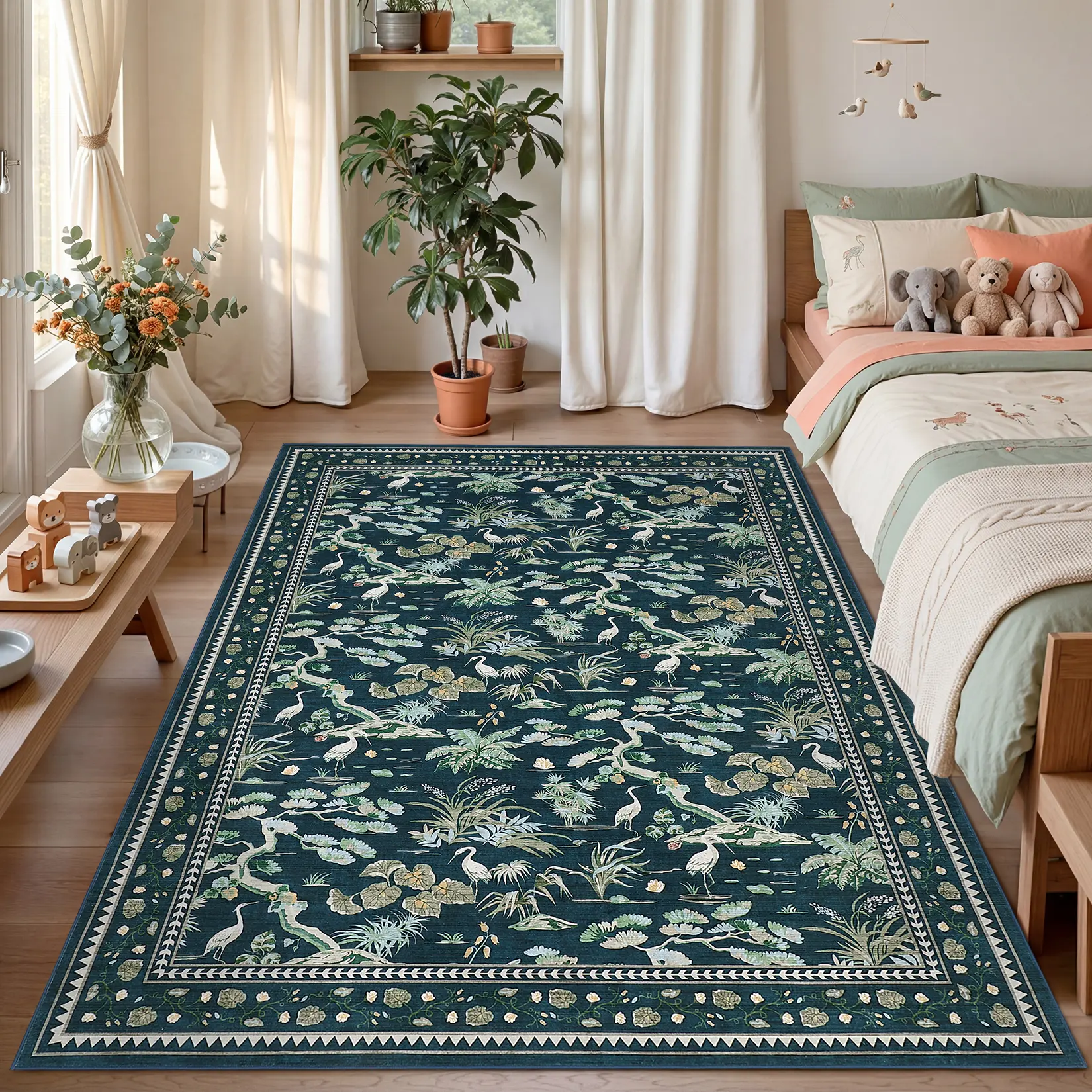Washable Area Rug for Living Room, Bedroom, Dining Room – Low Pile, Non-Slip, Mark Resistant, Collapsible, Lightweight Carpet – Child & Pet Friendly