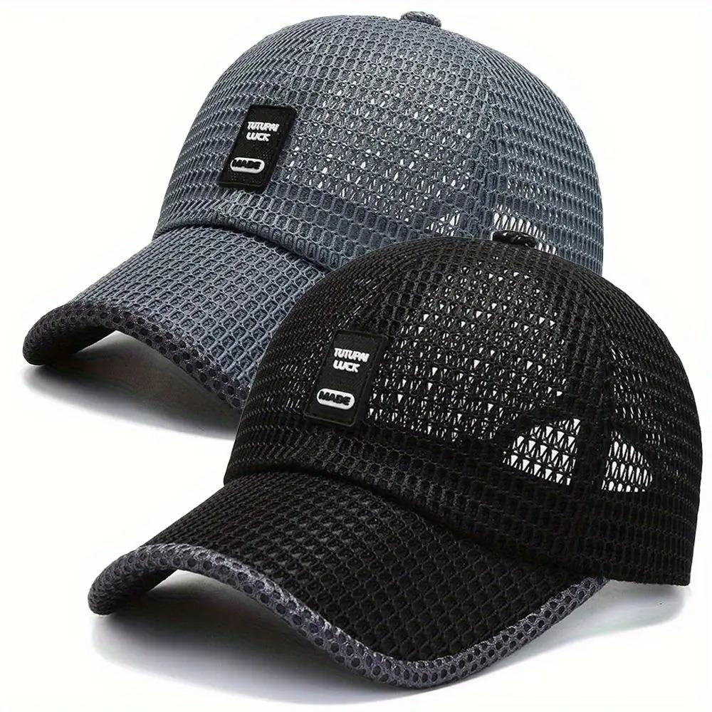 2pcs Quick-Dry Polyester Baseball Caps - Breathable Mesh Adjustable Unisex Summer Sun Hats with Black & Gray Textured Design for Outdoor Sports & Casual Wear, Breathable Mesh Construction
