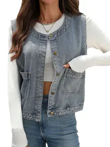 Women's Round Neck Denim Vest, Single Button Large Pocket Washed Casual Sleeveless Outerwear, Comfortable and Stylish Design