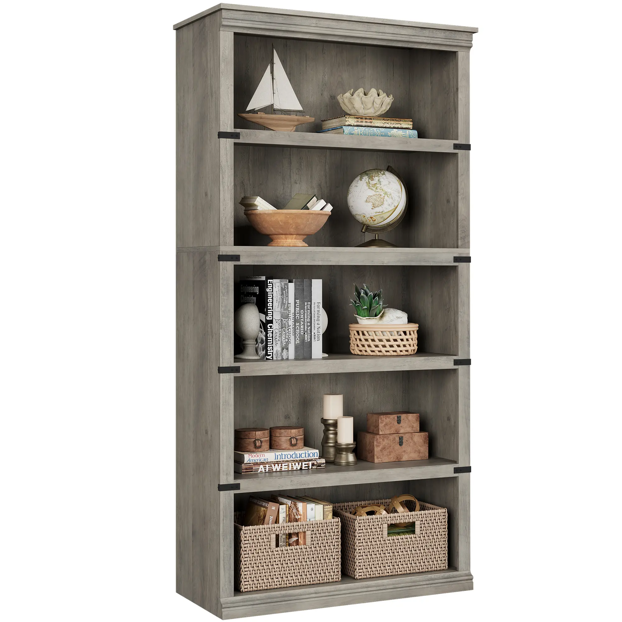 Tall Rustic Wooden Farmhouse Bookcase - Sturdy Freestanding Storage Organizer, Multi-purpose Display Shelf for Living Room, Home Office Use