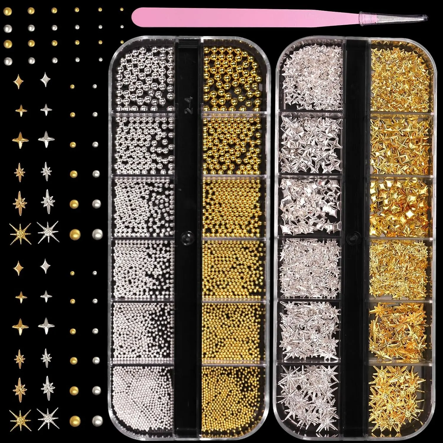 Women's Nail Art Decor Accessories - 3D Silver-Gold Caviar Beads, Star Cross Studs, Round Gems, Rivets for DIY Crafts Supplies