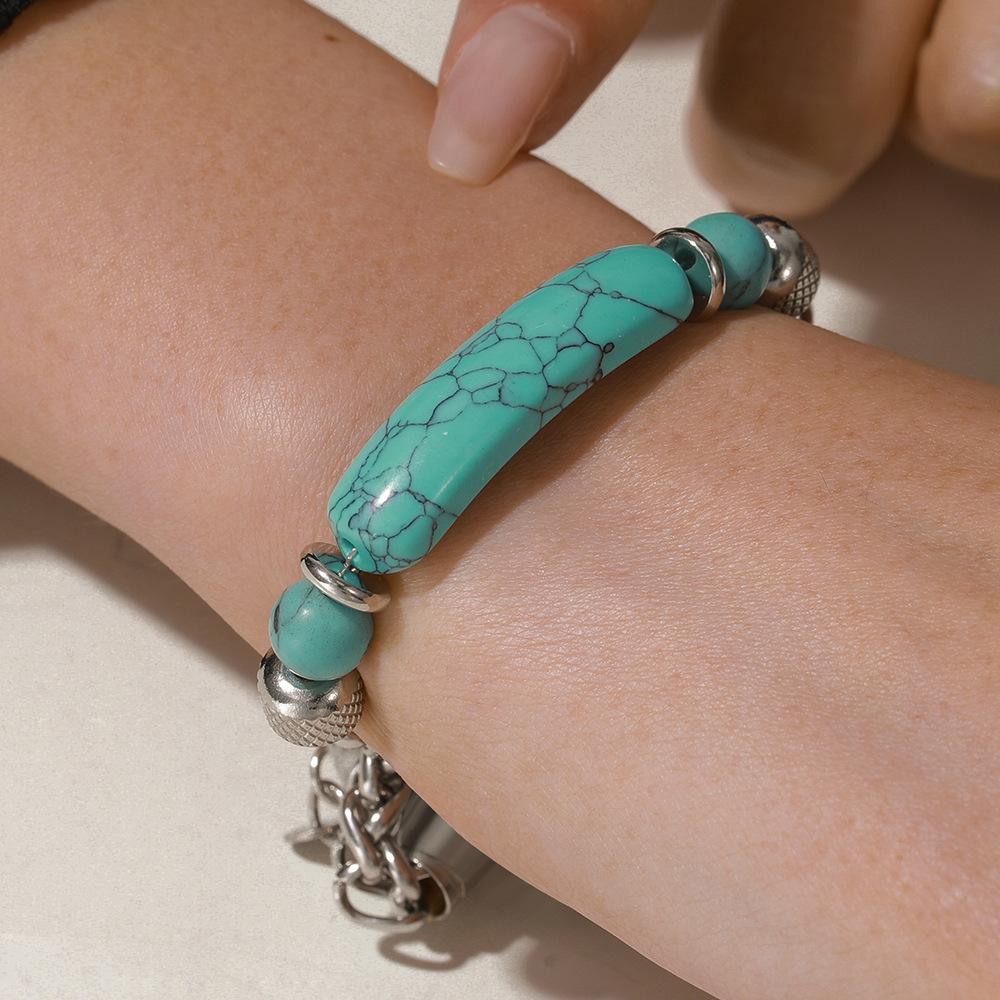 New Vintage Boho Turquoise Bracelet for Women, Natural Healing Crystal Stone with Stainless Steel & Titanium Steel Chain Mixed Bracelet, Waterproof Non-Tarnish Stackable Jewelry, Western Bohemian Style Wristband for Daily Wear, Party, Vacation, Perfect Gi