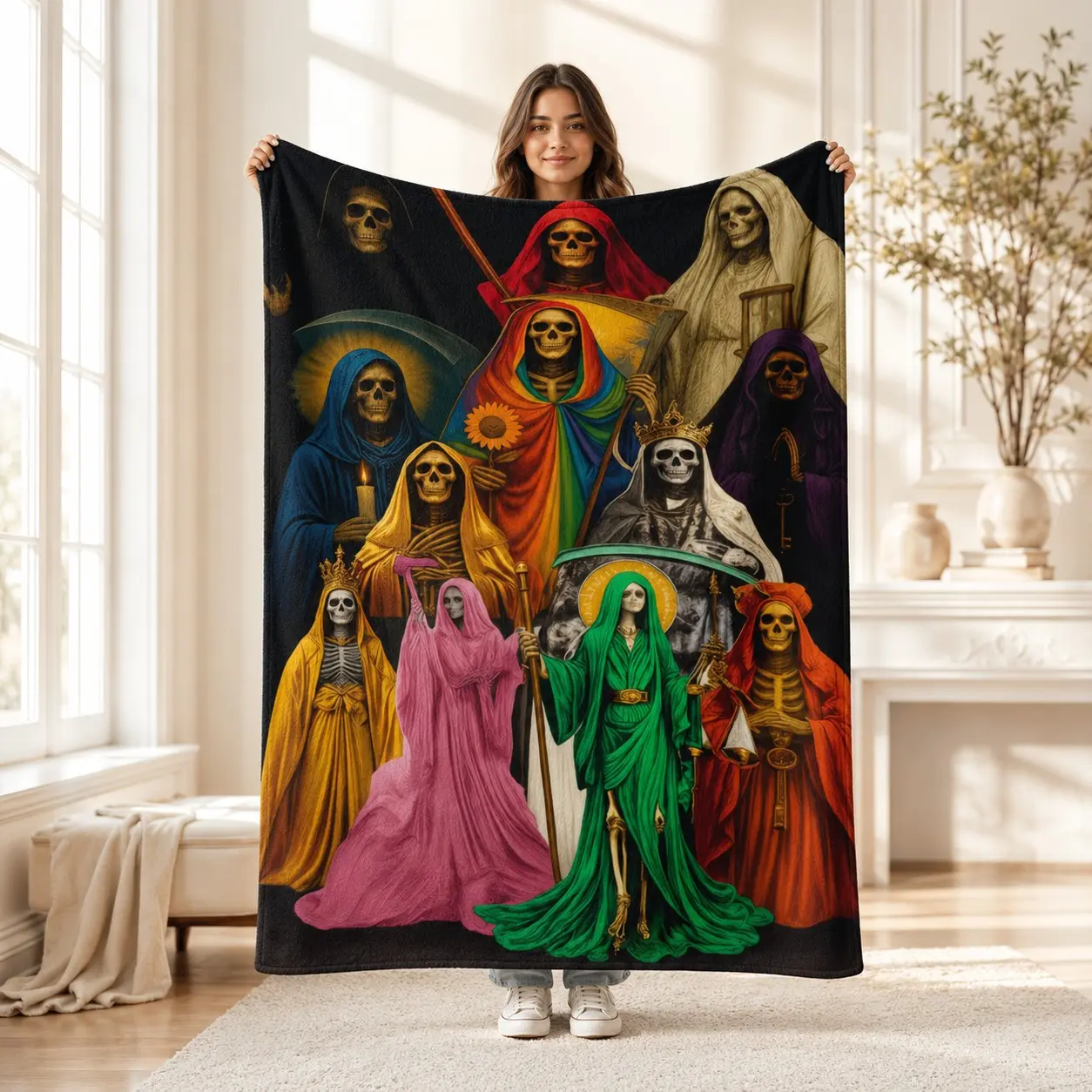 1PC Colorful Santa Muerte Multi Skeleton Robe Print Flannel Blanket, Soft Skin-Friendly Anti-Pilling Machine Washable Lightweight Throw Blanket, All Seasons For Adults Home Sofa Office Nap RV Camping Dark Style Gift Decor Blanket, Cozy Blanket Throw