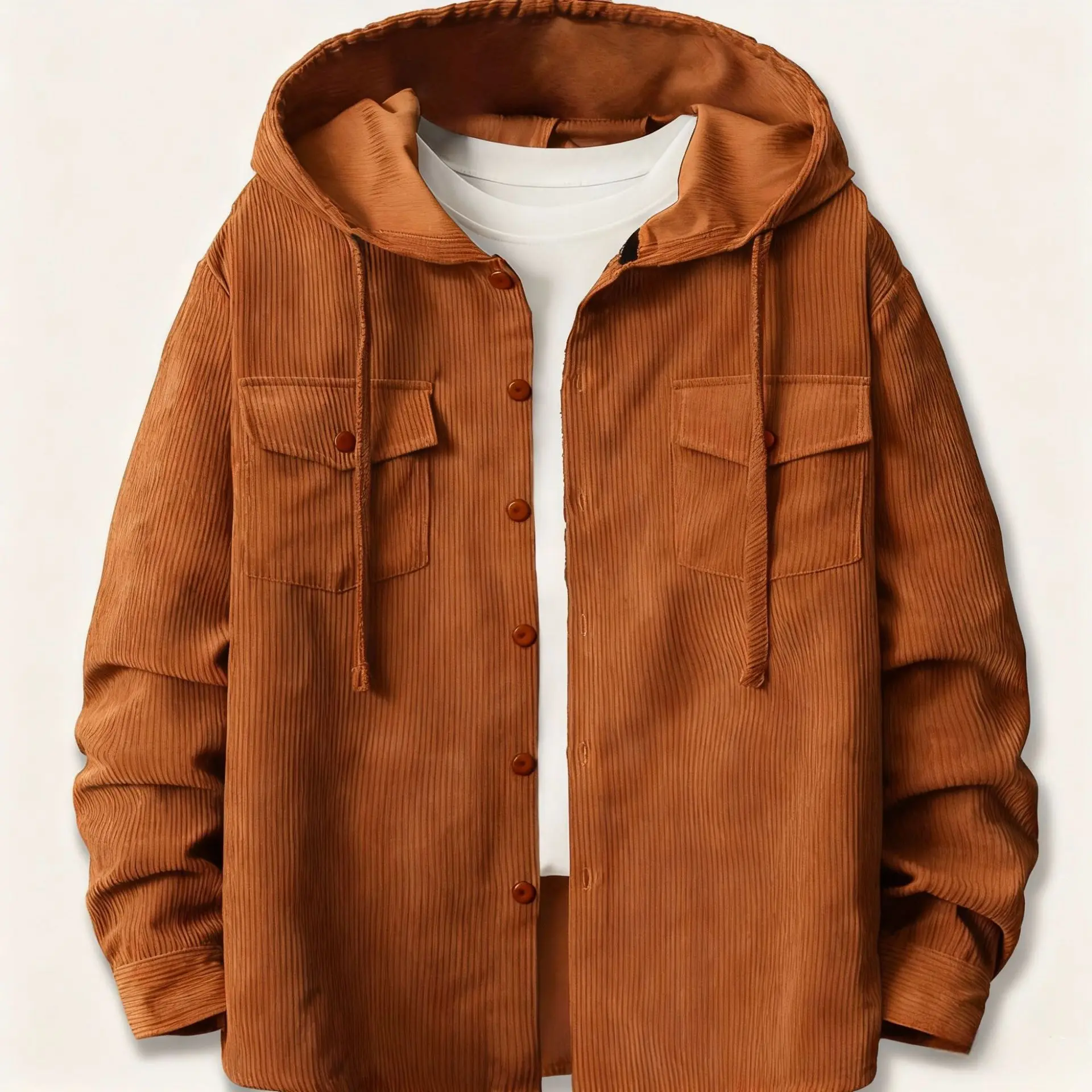 Men's Corduroy Hooded Shirt Jacket Button Front Lightweight Casual Fall Shacket with Pockets
