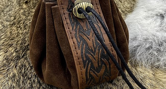 Vintage Medieval Faux Leather Drawstring Pouch, Middle Ages Portable Coin Purse, Rivets Belt Pouch Dice Bag For LARP Ren Faire (Brown A)