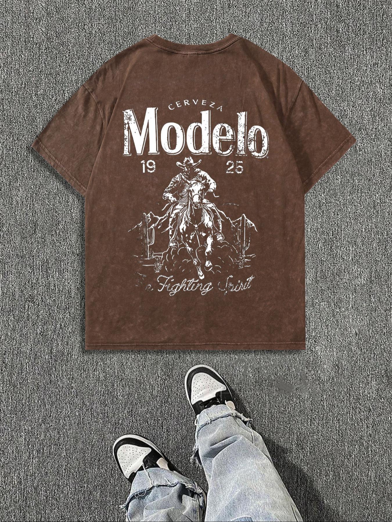 Men's Vintage Letter & Cowboy Print Casual Graphic Design Short Sleeve Tee, Casual Loose Retro T-shirt for Daily Wear, Menswear for All Seasons, Men's Graphic Tees