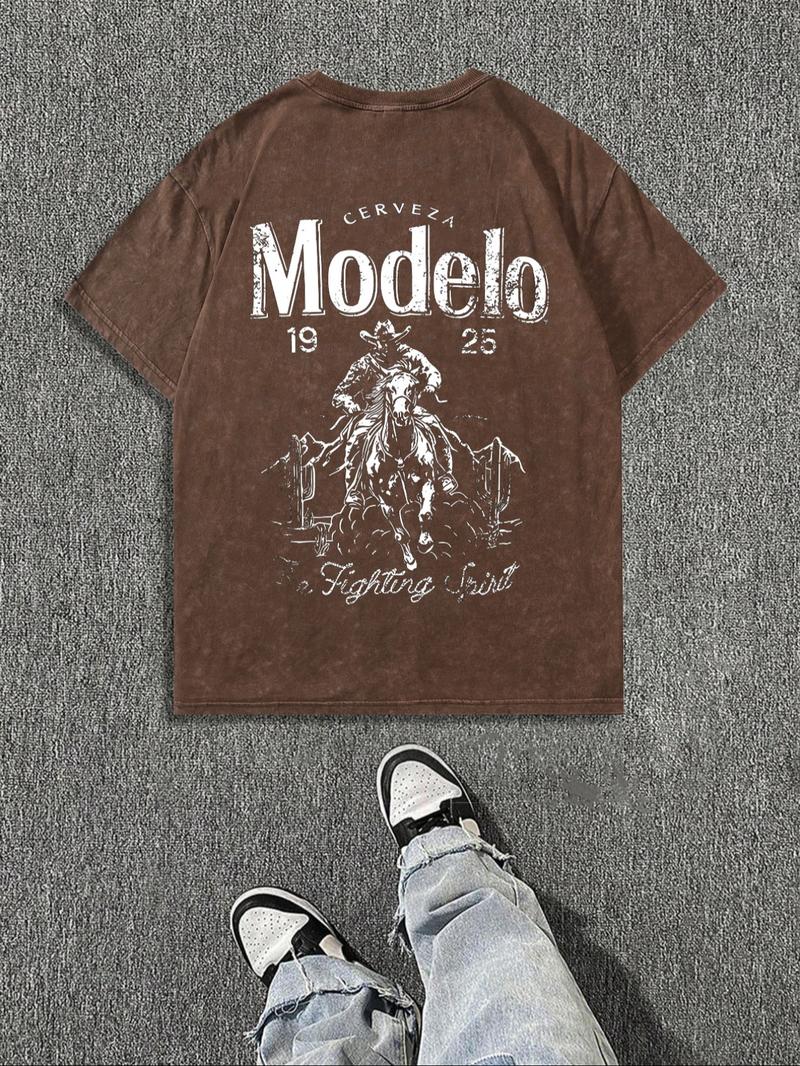 Men's Vintage Letter & Cowboy Print Casual Graphic Design Short Sleeve Tee, Casual Loose Retro T-shirt for Daily Wear, Menswear for All Seasons, Men's Graphic Tees