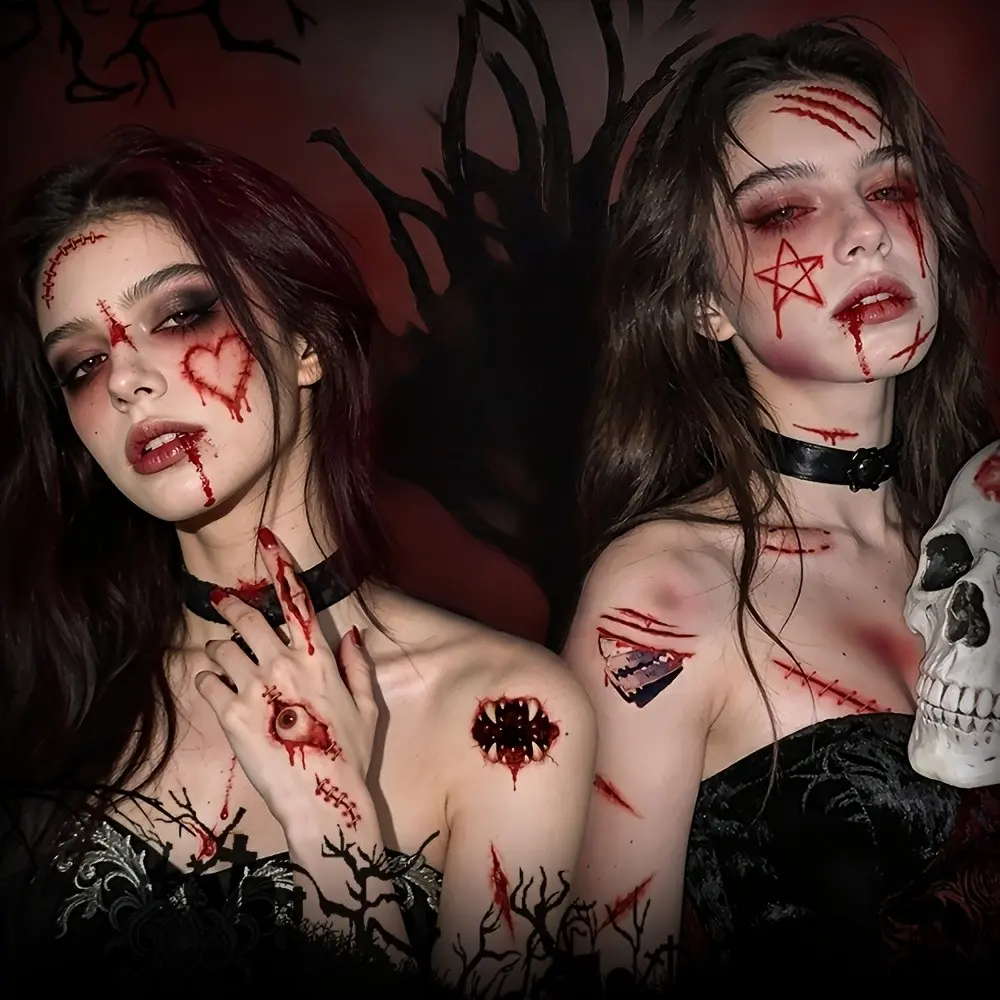 20 Halloween Temporary Tattoos, Blood Crack Scar Heart Palm Print, Skull Eye Design, Party Makeup Body Art Decorations