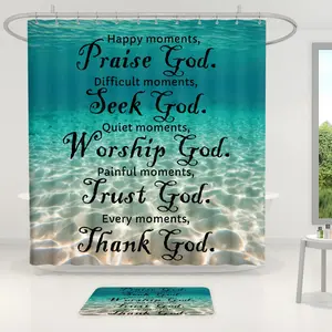 1/4PCS Blue Ocean Blessing Insulated Shower Curtain Set – Includes 12 Hooks, Non-Slip Floor Mat, U-Shaped Mat & Round Toilet Cover, Full Scene Bathroom Set, Perfect for Valentine‘s Day Home Decoration