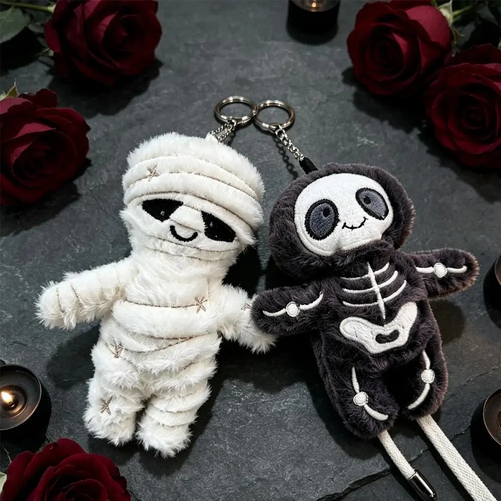 2PC Skeleton Mummy Soft Plush Keychains - Fluffy Stuffed Charm, Spooky Halloween Gifts, Cute Bag Backpack Pendant, Aesthetic Luggage Keyring, Unique Car Accessory for Women