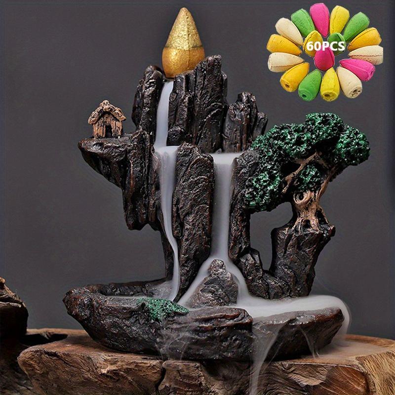Incense Burner, 1 Set Creative Waterfall Design Incense Burner with 60pcs Incense Cones, Home Decor Ornament, Desktop Decoration for Living Room Bedroom, Freshener